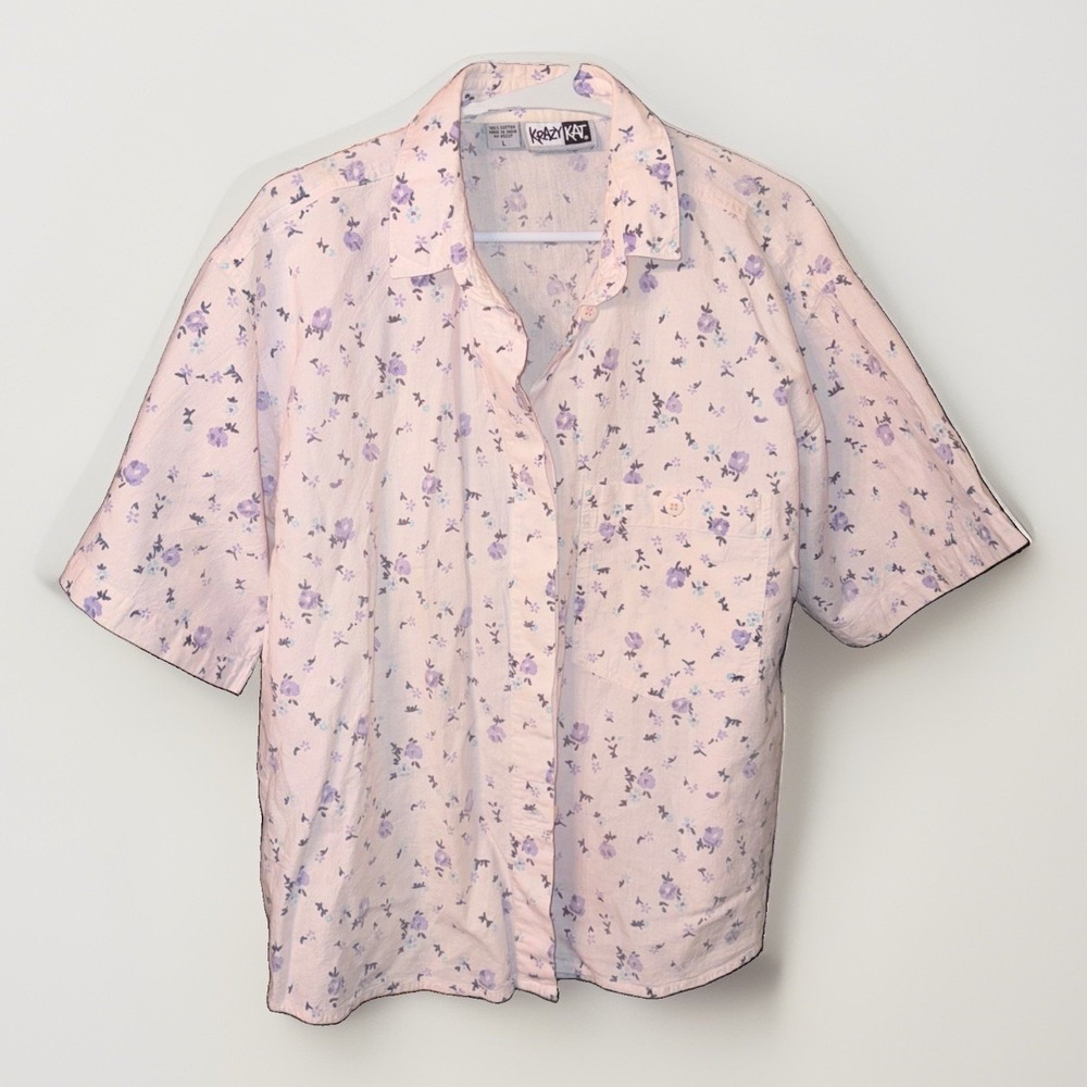 100% Cotton Krazy Kat Vintage Cottagecore Boho Floral Crop Button Down Shirt L